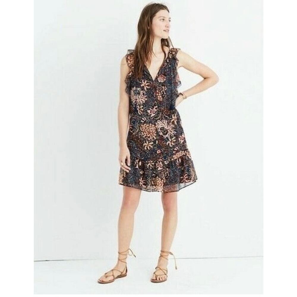 Madewell Lily Ruffle Dress in Sea Floral Multi Chrysanthemum Blue Size XS